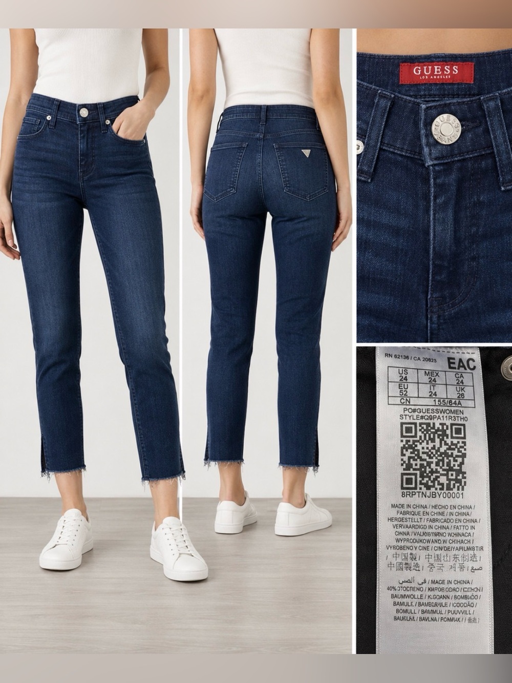 GUESS Los Angeles Dark Wash Stretch Cropped Jeans Raw Frayed Hem Sz 24